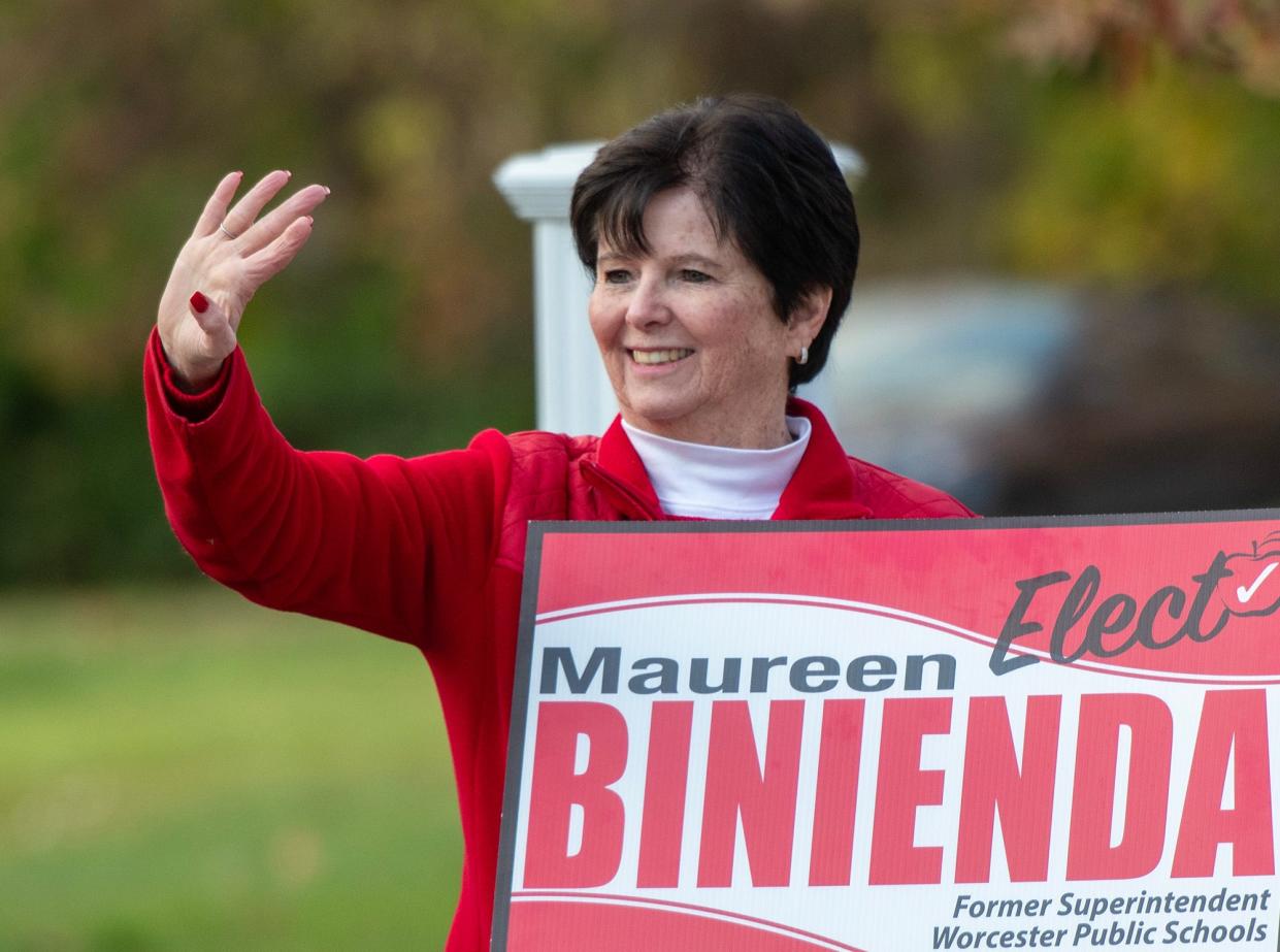 Worcester School Committee candidate Maureen Binienda campaigns outside the Congregation Beth Israel polling place Tuesday.
