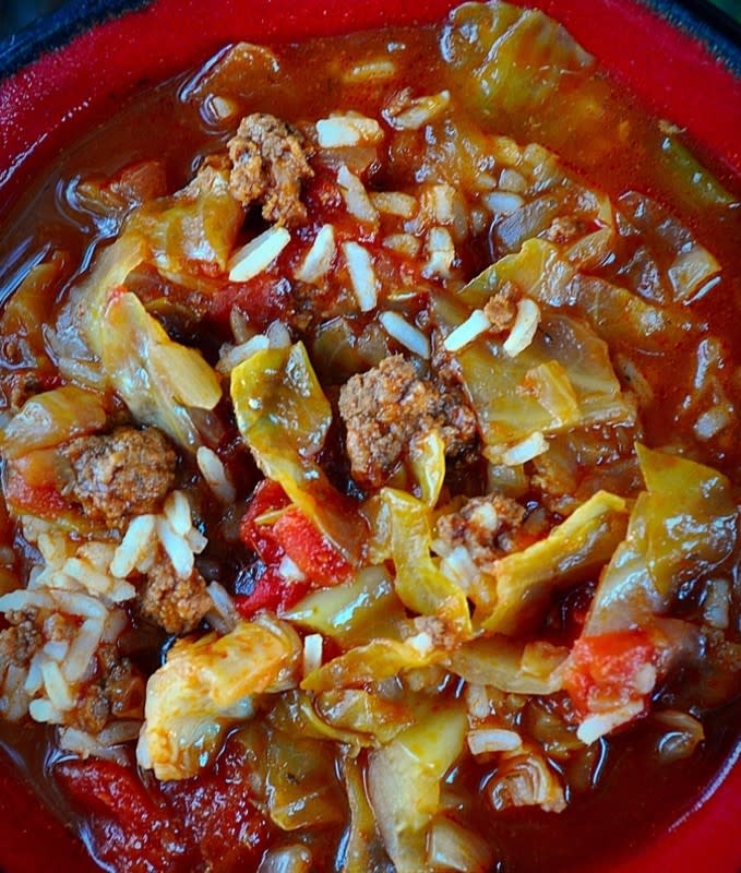 <p>Krista Marshall</p><p>This recipe is basically what happens should at any point a cabbage roll becomes undone and transforms into an extremely spoonable soup. </p><p><strong>Get the recipe: <a href="https://parade.com/841546/kristamarshall/warm-up-fill-up-after-a-long-chilly-day/" rel="nofollow noopener" target="_blank" data-ylk="slk:Slow Cooker Cabbage Roll Soup;elm:context_link;itc:0;sec:content-canvas" class="link rapid-noclick-resp">Slow Cooker Cabbage Roll Soup</a></strong></p>