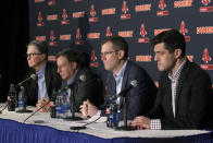 From left, Boston Red Sox owner John Henry, chairman Tom Werner, CEO Sam Kennedy and Chief Baseball Officer Chaim Bloom participate in a baseball news conference at Fenway Park, Wednesday, Jan. 15, 2020, in Boston. The Red Sox have parted ways with manager Alex Cora, with the move coming one day after baseball Commissioner Rob Manfred named him as a ringleader with Houston in the sport's sign-stealing scandal. (AP Photo/Elise Amendola)