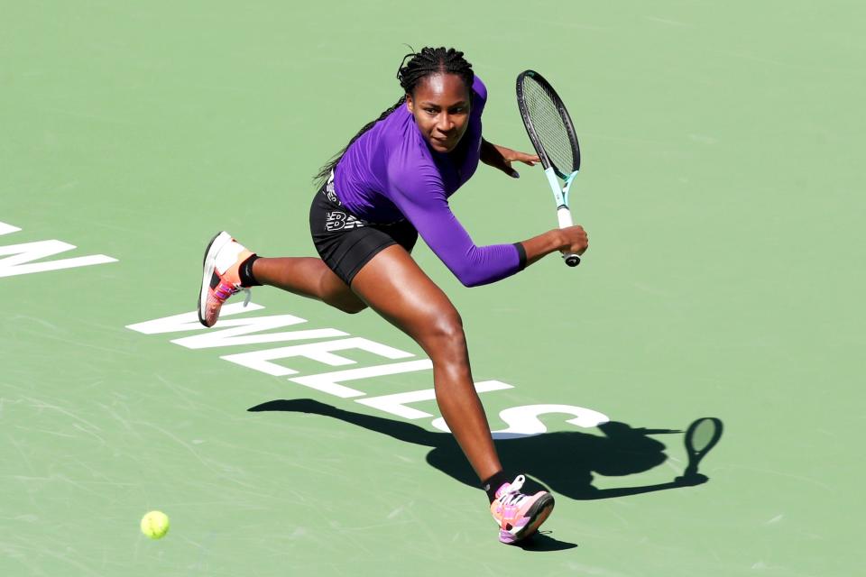 American Coco Gauff practices during day two of the BNP Paribas Open at the Indian Wells Tennis Garden in Indian Wells, Calif., on Tuesday, March 7, 2023.