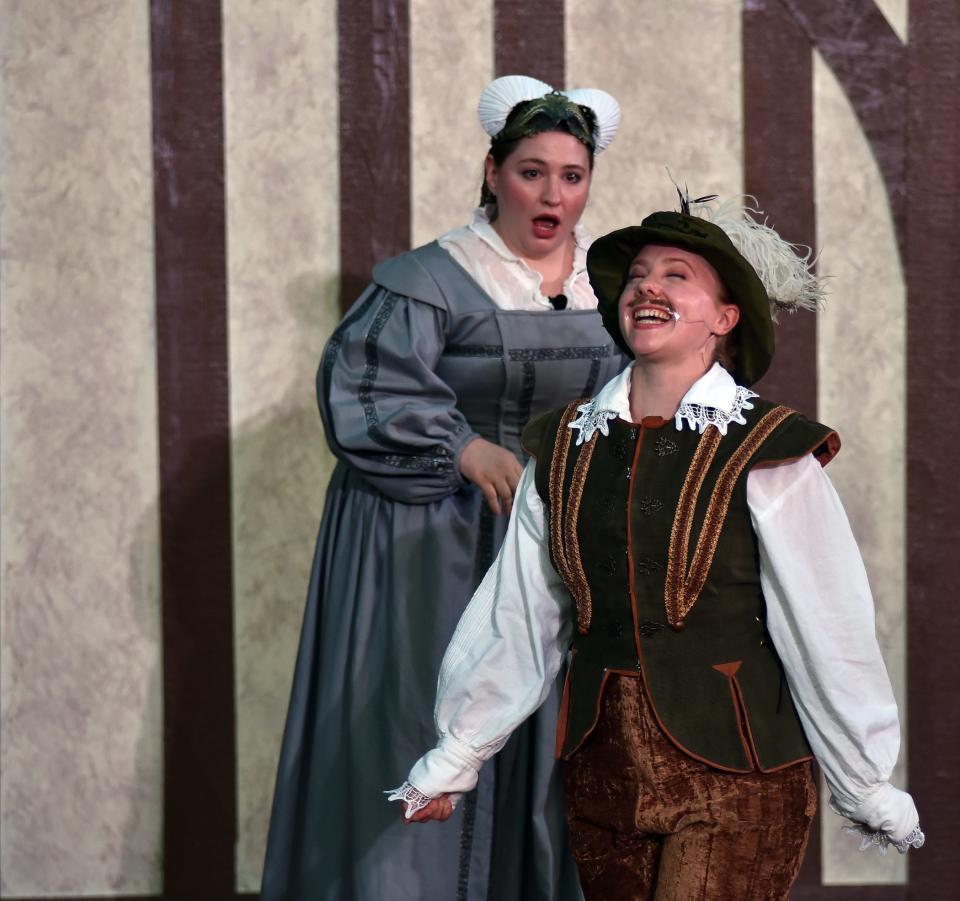 Alix Golden, left, plays the Nurse and Abigail Schmitz stars as Viola de Lesseps in Oklahoma Shakespeare in the Park's production of "Shakespeare in Love."