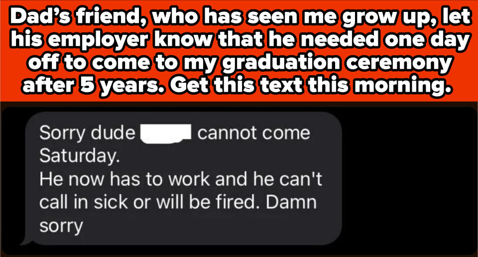 Text message: Boss informs employee they'll be fired if they take sick leave, missing friend's grad