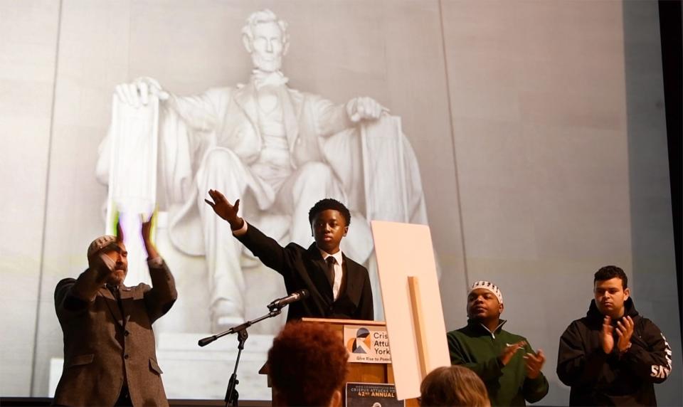 Zaiid Davis Green plays the role of Martin Luther King Jr. during an 'I Have A Dream' presentation during the 42nd Annual MLK Day of Service at Crispus Attucks in York.