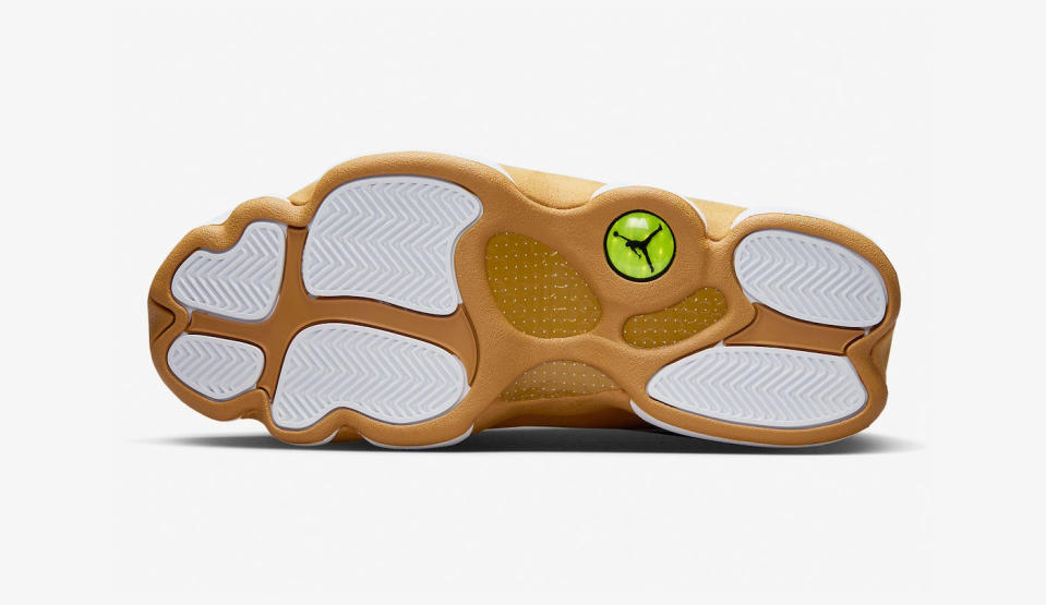The soles of a real pair of Nike Air Jordan 13 shoes.