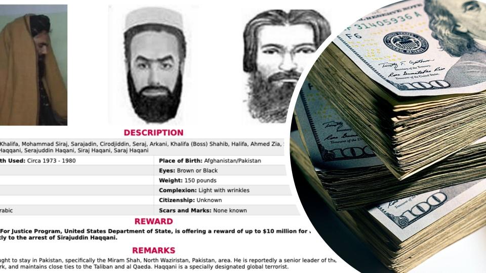 Screenshot of FBI's wanted poster for Sirajuddin Haqqani, American dollar bills. 