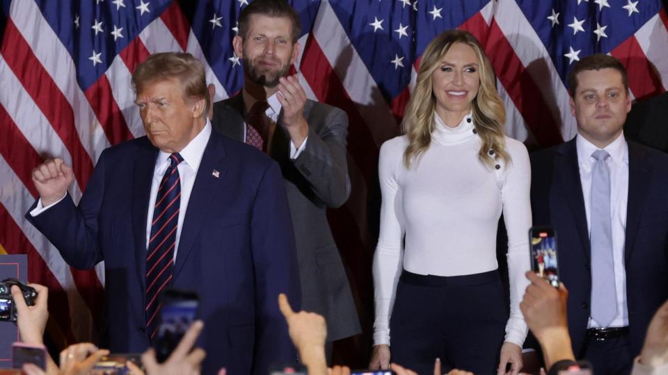 PHOTO: Republican presidential candidate and former U.S. President Donald Trump delivers remarks alongside Eric and Lara Trump during his primary night rally at the Sheraton on Jan. 23, 2024 in Nashua, N. H. (Alex Wong/Getty Images)