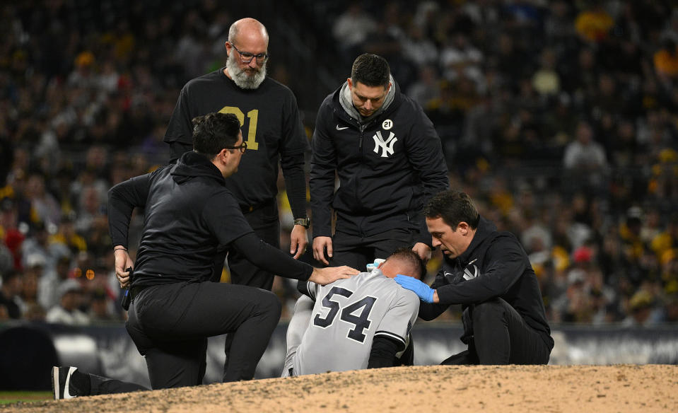 Anthony Misiewicz was hit in the face with a line-drive comebacker. (Justin Berl/Getty Images)