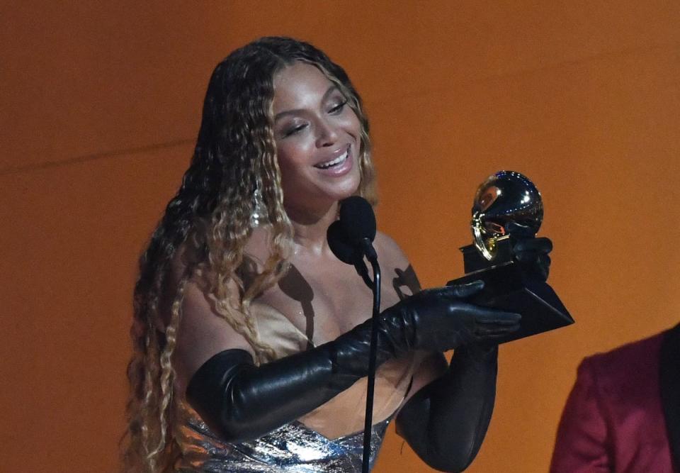 US musician Beyonce accepts the award for Best Dance/Electronic Music Album for “Renaissance.” during the 65th Annual Grammy Awards (AFP via Getty Images)