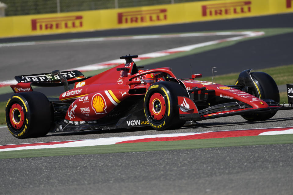 Ferrari driver Charles Leclerc of Monaco steers his car for a Formula One pre season test at the Bahrain International Circuit in Sakhir, Bahrain, Wednesday, Feb. 21, 2024. (AP Photo/Darko Bandic)