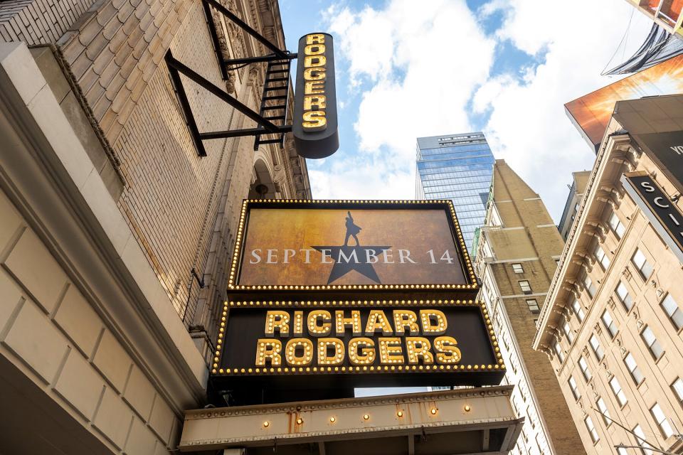 A view of a newly installed "September 14" sign is displayed on the Hamilton marquee at the Richard Rodgers Theatre in Times Square