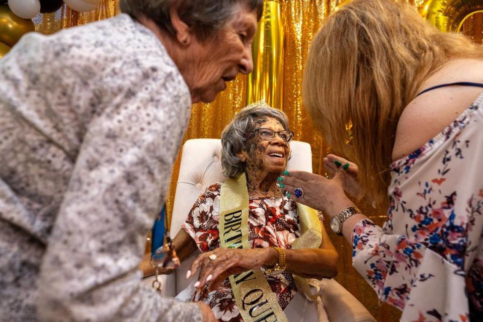 Supercentenarian Barbara Holman-Robinson celebrates her 110th birthday at Atria El Camino Gardens in Carmichael on Tuesday, July 16, 2024.