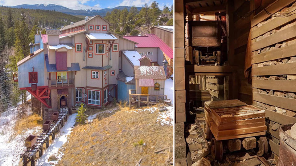 An exterior of the Colorado home on the left with a photo of the mine shaft on the right.