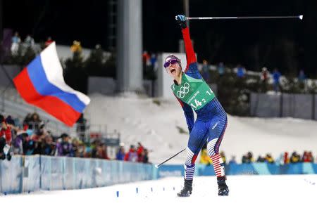 Cross-Country Skiing - Pyeongchang 2018 Winter Olympics - Women's Team Sprint Free Finals - Alpensia Cross-Country Skiing Centre - Pyeongchang, South Korea - February 21, 2018. Jessica Diggins of the U.S celebrates winning. REUTERS/Dominic Ebenbichler