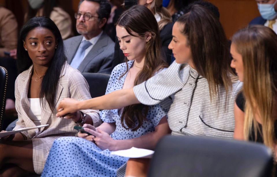 United States gymnasts Simone Biles, McKayla Maroney, Aly Raisman and Maggie Nichols at the US Senate hearing on Wednesday  (AP)