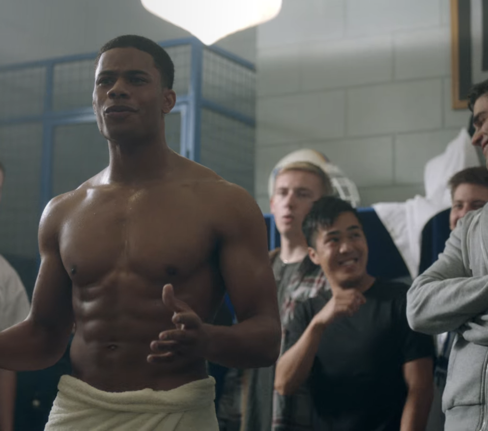 Close-up of men in a locker room