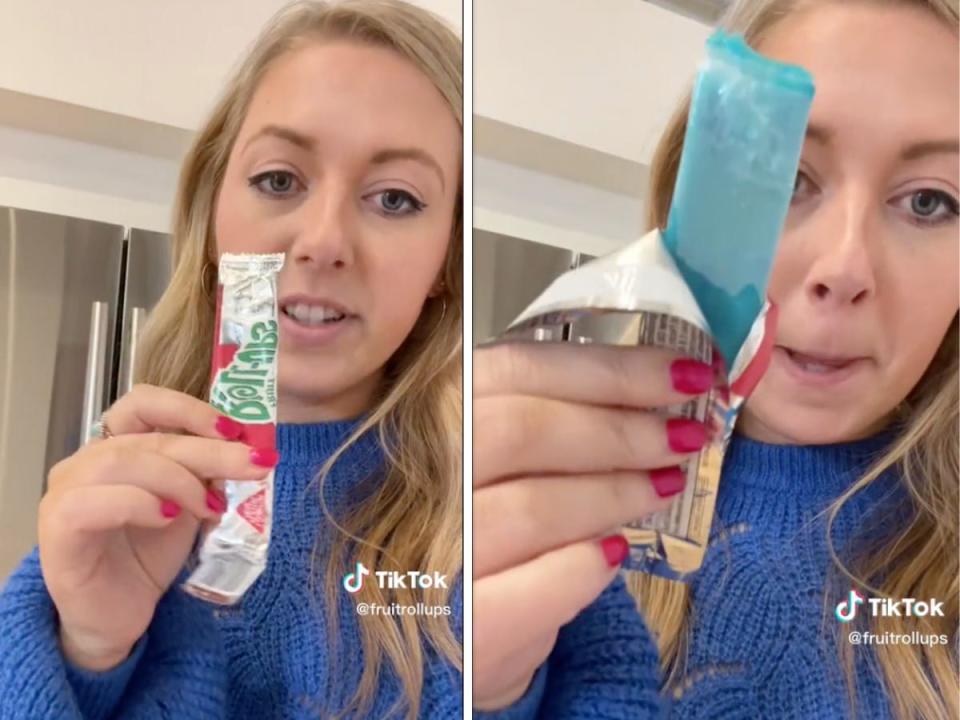 collage of a woman holding an unopened Fruit Roll-Up on the left, and one on the right after she'd bit into the Fruit Roll-Up in which you can clearly see a plastic liner.