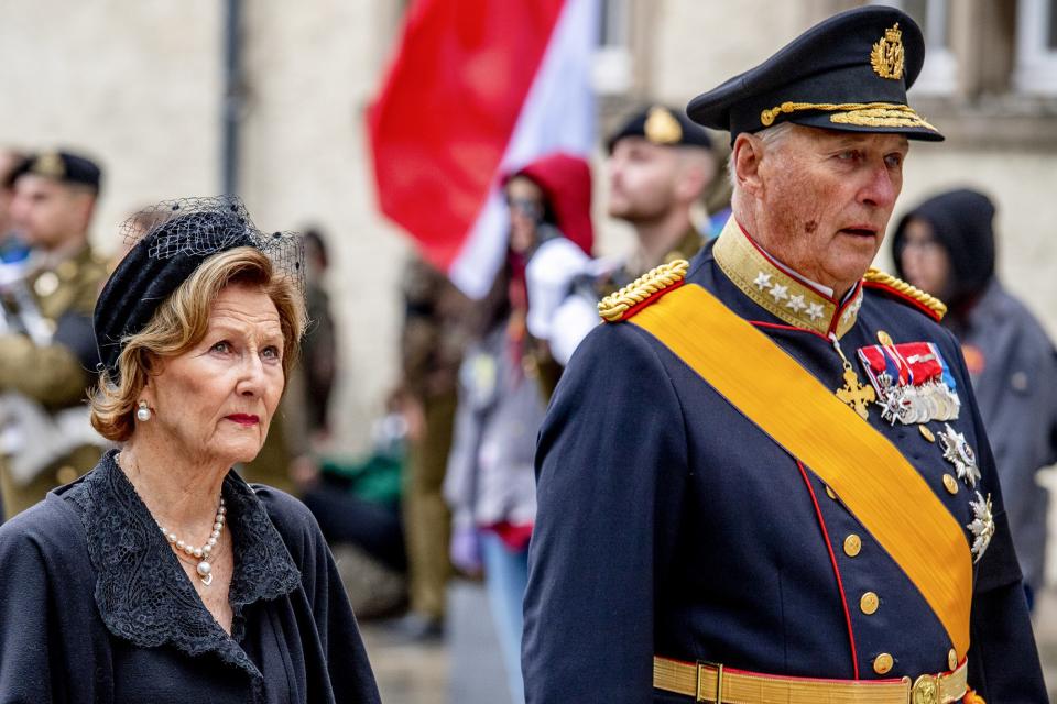 King Harald of Norway and Queen Sonja of Norway attend the funeral of Grand Duke Jean of Luxembourg on May 04, 2019 in Luxembourg, Luxembourg