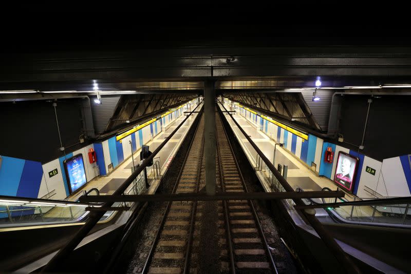 An empty Ciutadella Vila Olimpica metro station is pictured, amidst concerns over Spain's coronavirus outbreak, in Barcelona