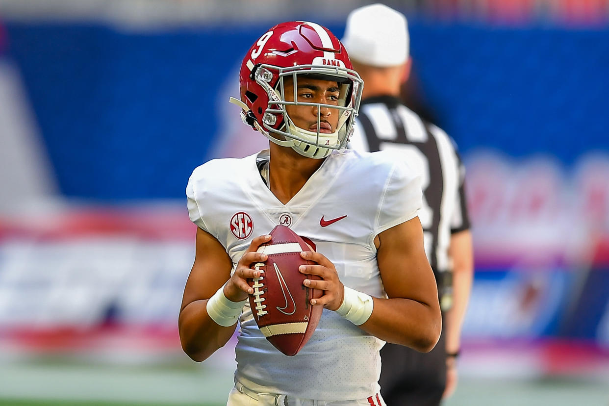 ATLANTA, GA  SEPTEMBER 04:  Alabama quarterback Bryce Young (9) warms up prior to the start of the Chick-fil-A Kick-Off Game between the Miami Hurricanes and the Alabama Crimson Tide on September 4th, 2021 at Mercedes-Benz Stadium in Atlanta, GA.  (Photo by Rich von Biberstein/Icon Sportswire via Getty Images)