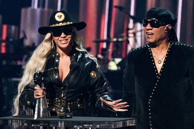 Beyoncé accepts the Innovator Award from Stevie Wonder at the iHeartRadio Music Awards on April 1, 2024 in Los Angeles, CA. - Credit: Michael Buckner/Billboard via Getty Images