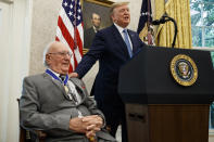 President Donald Trump speaks during a Presidential Medal of Freedom ceremony for former NBA basketball player and coach Bob Cousy, of the Boston Celtics, in the Oval Office of the White House, Thursday, Aug. 22, 2019, in Washington. (AP Photo/Alex Brandon)