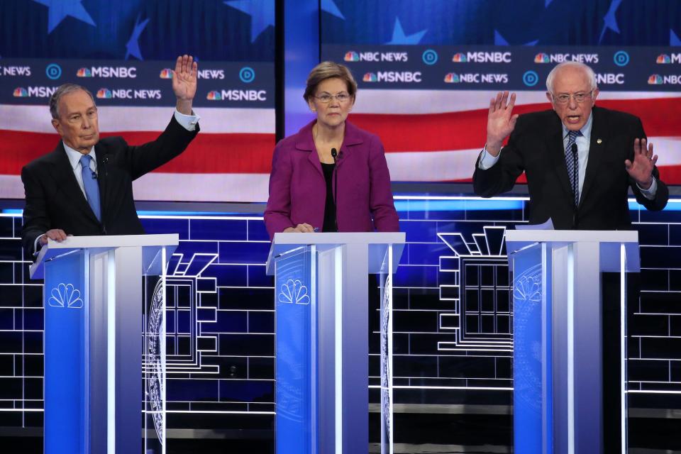 Democratic presidential candidates Mike Bloomberg, Elizabeth Warren, and Bernie Sanders.