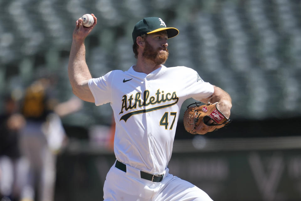 FILE -Oakland Athletics' Michael Kelly during a baseball game against the Pittsburgh Pirates in Oakland, Calif., Wednesday, May 1, 2024. Major League Baseball, on Tuesday, June 4, 2024, banned Kelly for one year after finding the player placed unrelated bets with a legal sportsbook. (AP Photo/Jeff Chiu, File)