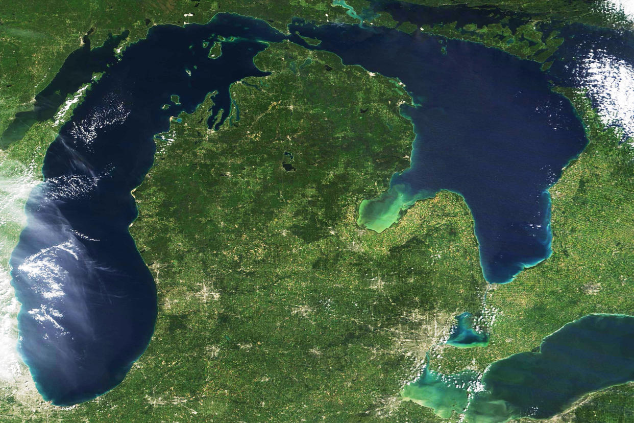  satellite image in blue and green of large lakes 