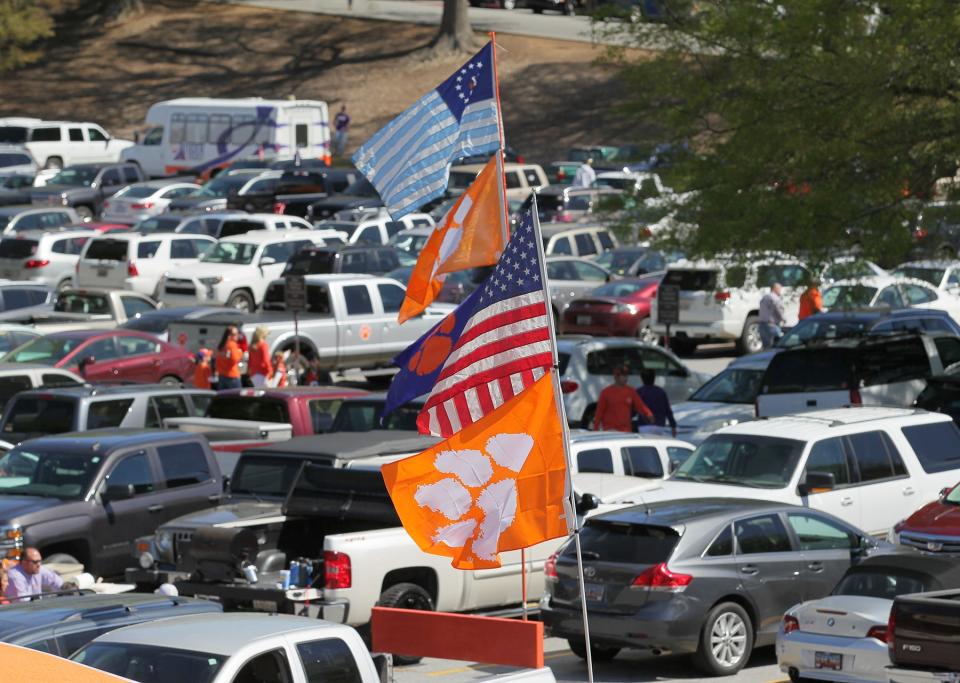 Fans fill the parking lots for Clemson's NCAA college football spring game at Memorial Stadium in Clemson, S.C.