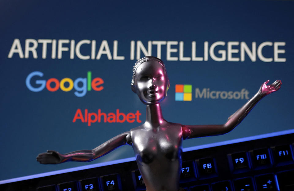 Google, Microsoft and Alphabet logos and AI Artificial Intelligence words are seen in this illustration taken, May 4, 2023. REUTERS/Dado Ruvic/Illustration