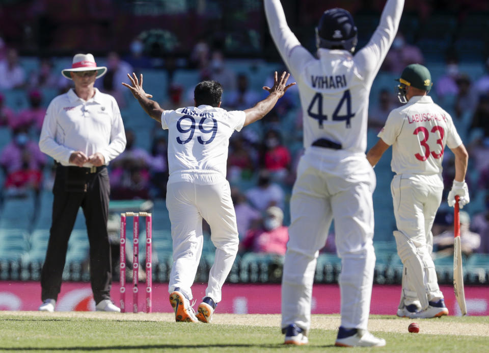 India's Ravichandran Ashwin appeals to umpire Paul Reiffel, left, successfully for an LBW decision against Australia's David Warner, not pictured, during play on day three of the third cricket test between India and Australia at the Sydney Cricket Ground, Sydney, Australia, Saturday, Jan. 9, 2021. (AP Photo/Rick Rycroft)