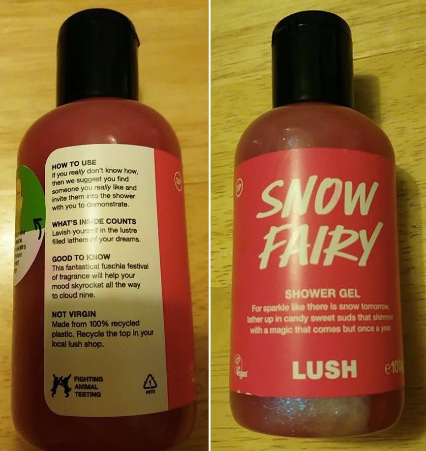 Lesley Hughes was asked by daughter why her Lush 'Snow Fairy' body wash told her to 'find someone she really likes and take them into the shower'. Source: Facebook