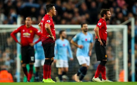 A dejected Alexis Sanchez of Manchester United after conceding a goal to make it 3-1 during the Premier League match between Manchester City and Manchester United at Etihad Stadium  - Credit: Robbie Jay Barratt/Getty 