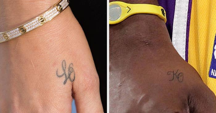 "LO" tattooed on Khloé's hand and "KO" tattooed on Lamar's hand