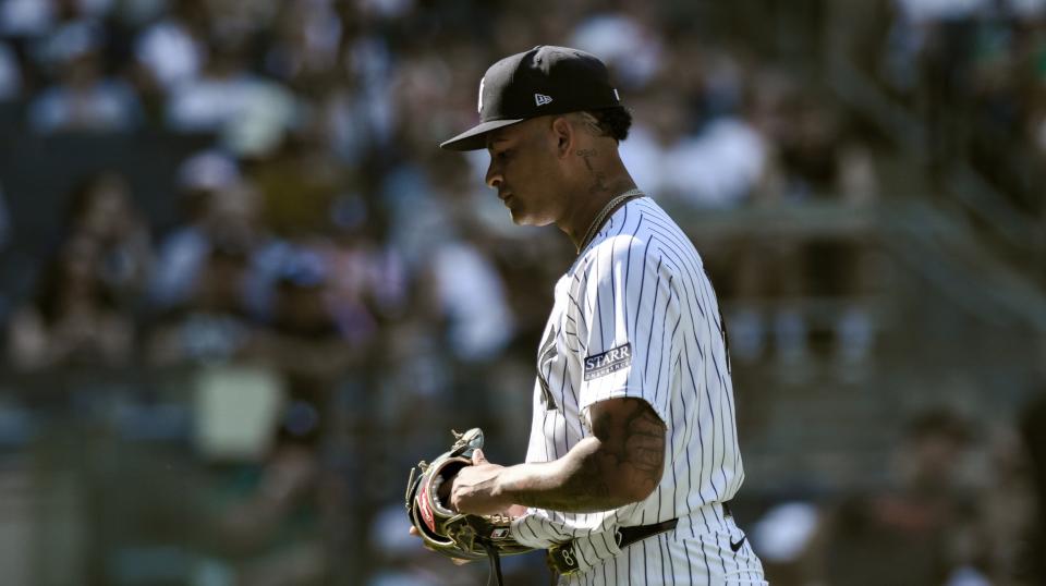 New York Yankees pitcher Luis Gil (81) leaves the mound during the second inning against the Baltimore Orioles at Yankee Stadium.