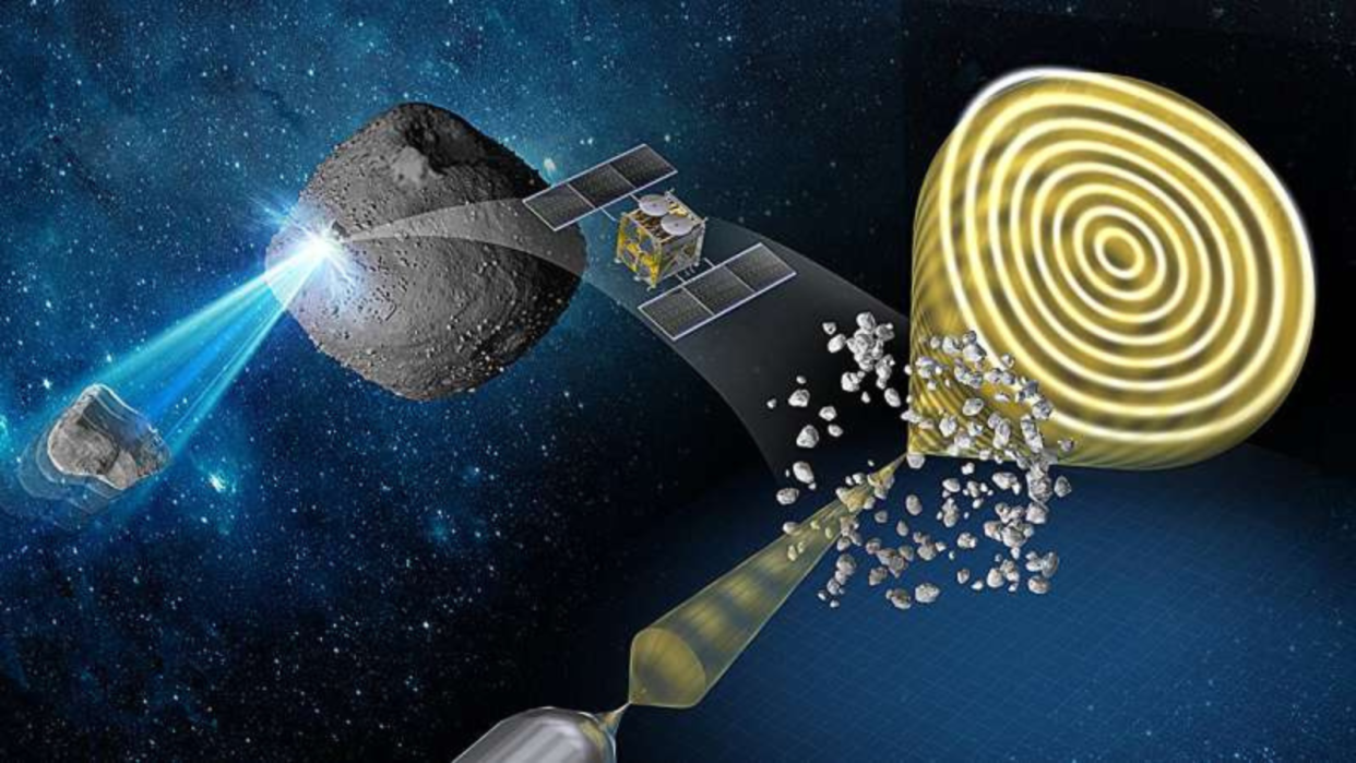  An illustration shows the Hayabusa2 spacecraft collecting samples from the asteroid Ryugu. 