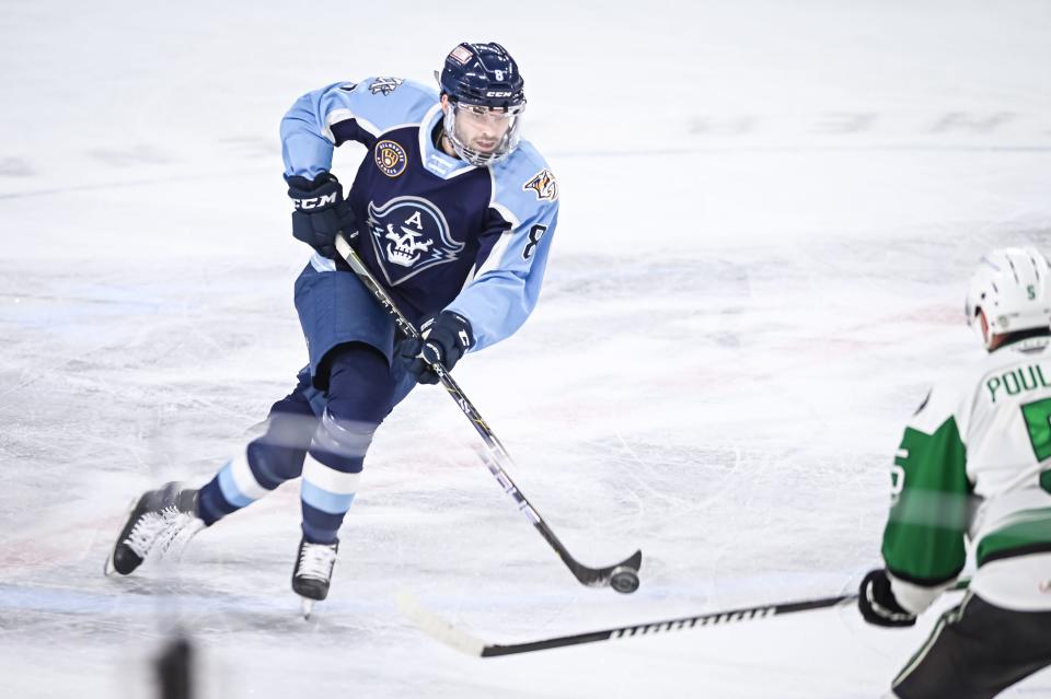 Milwaukee Admirals center Liam Foudy (8) looks to pass against the Texas Stars during the second period of their game Saturday, February 10, 2024, at the UW-Milwaukee Panther Arena in Milwaukee, Wisconsin.