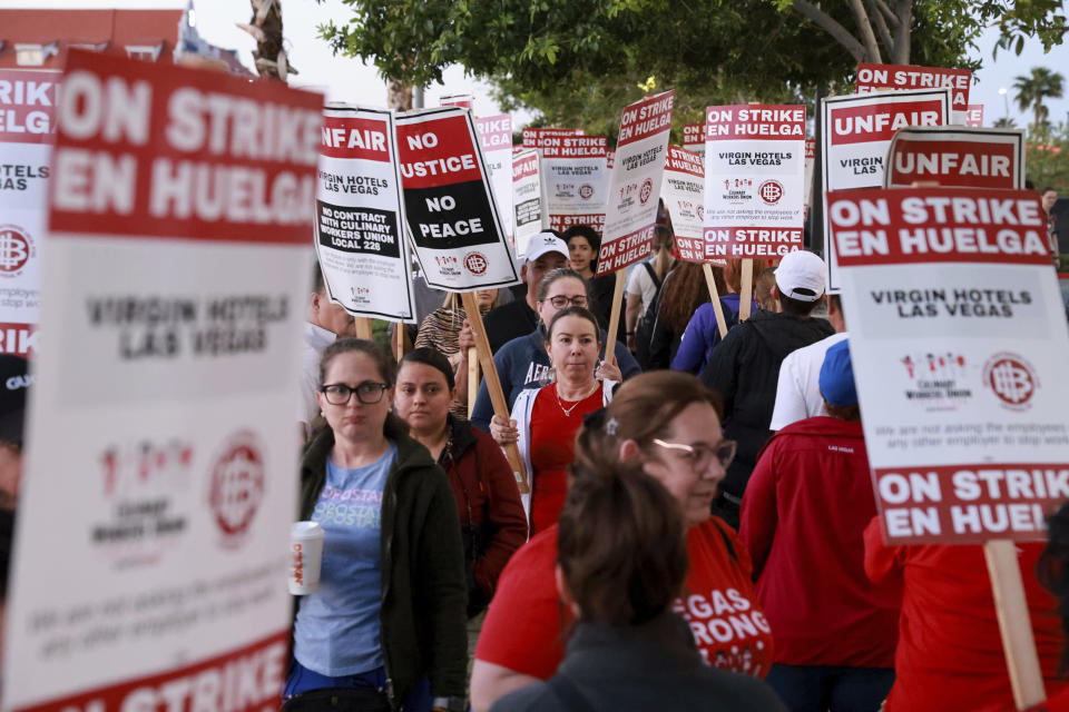 Culinary Local 226 members picket at the start of a 48 hour strike at Virgin Hotels in Las Vegas, Friday, May 10, 2024. About 700 workers walked off the job at a hotel-casino just off the Las Vegas Strip Friday morning in what union organizers said would be a 48-hour strike after spending months trying to reach a deal for new 5-year contract with Virgin Hotels. (K.M. Cannon/Las Vegas Review-Journal via AP)