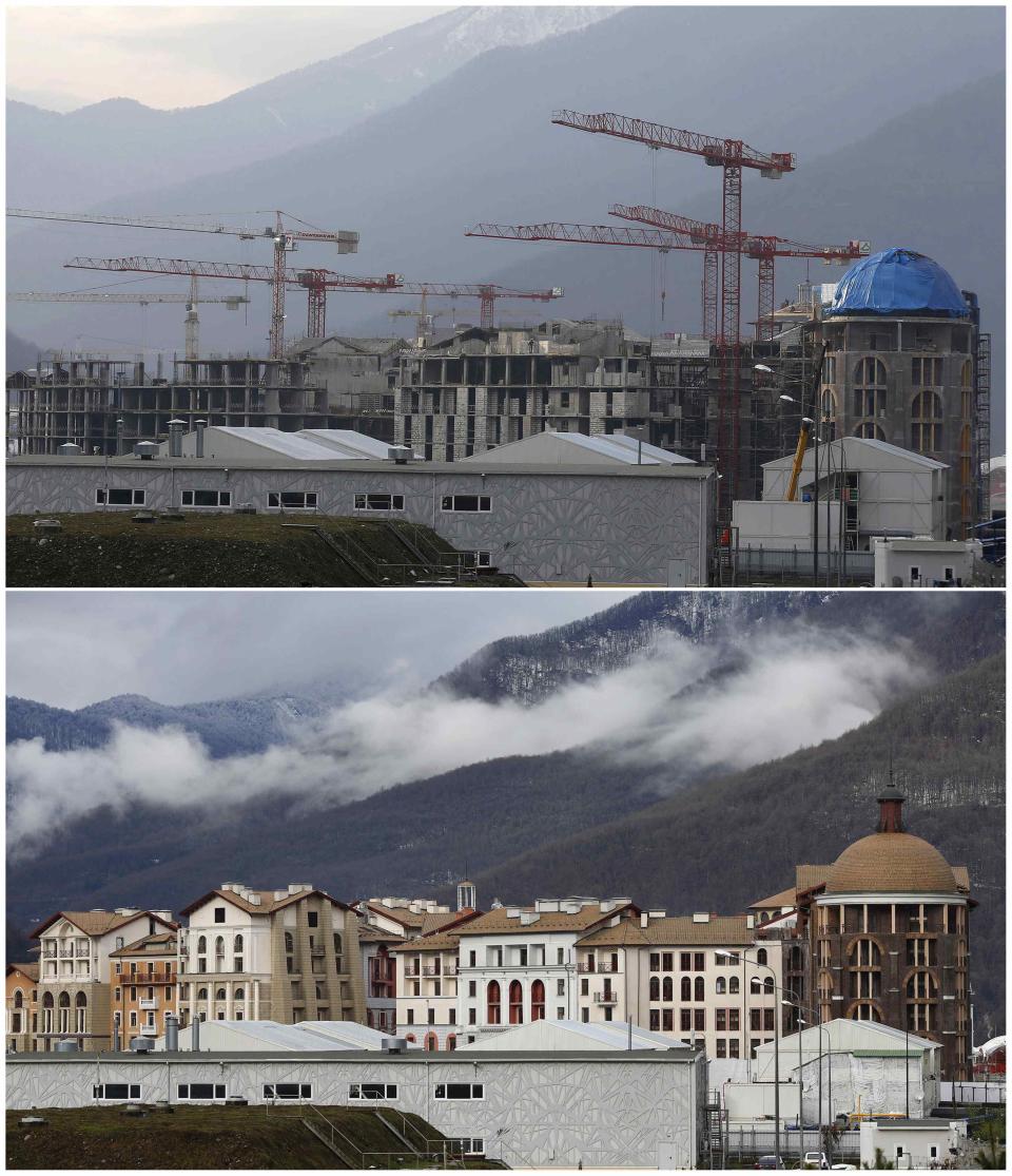 A combination of two pictures shows the development of construction within the last eleven months in the village of Krasnaya Polyana near Sochi
