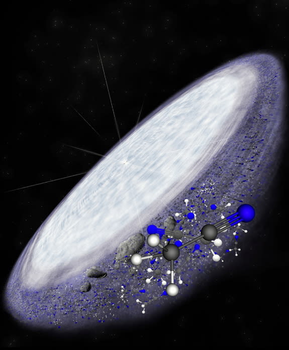 An artist's impression of the protoplanetary disk surrounding the young star MWC 480, where the giant ALMA radio telescope has detected complex organic molecules – the building blocks of life – suggesting that the conditions necessary for life
