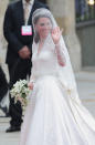 <div class="caption-credit"> Photo by: Mike Marsland/Getty Images</div>On her first day as royalty, Kate nailed it. Dressed in the Alexander McQueen <a rel="nofollow noopener" href="http://yhoo.it/IMUZRl" target="_blank" data-ylk="slk:lace gown;elm:context_link;itc:0;sec:content-canvas" class="link ">lace gown</a> she managed to keep a secret until April 29th, Kate <a rel="nofollow noopener" href="http://yhoo.it/Jy9ko9" target="_blank" data-ylk="slk:had the world;elm:context_link;itc:0;sec:content-canvas" class="link ">had the world</a> at hello when she stepped onto the church steps. Any doubts as to whether she could hold her own as a model princess, were swiftly brushed aside.