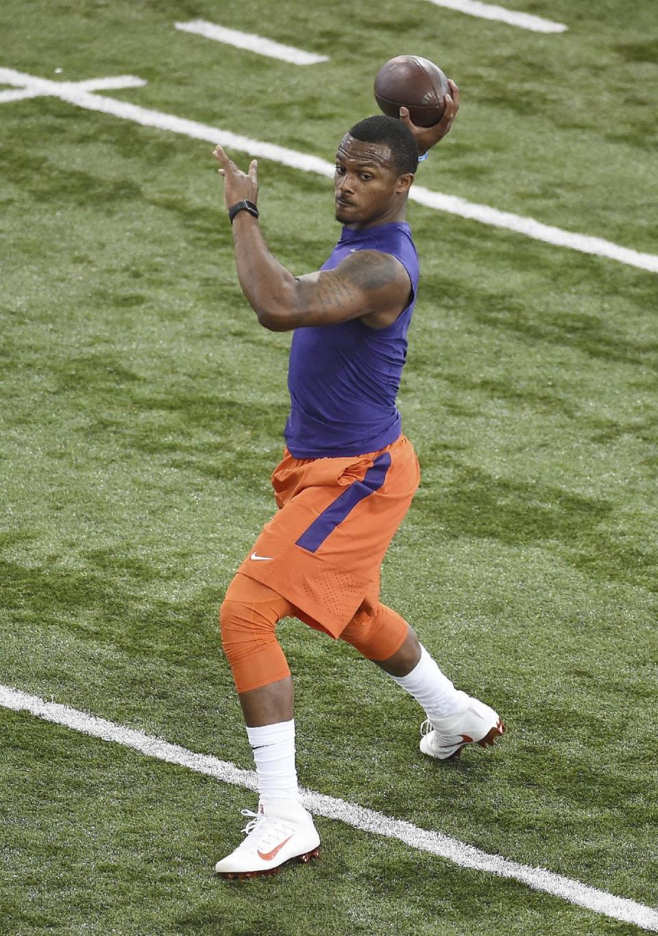 Deshawn Watson runs a drill during football pro day at Clemson University, Thursday, March 16, 2017, in Clemson, S.C. (AP Photo/Rainier Ehrhardt)