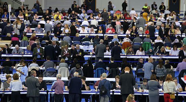 Ballot papers being counted at the Emirates Arena in Glasgow, Scotland. Picture: AAP