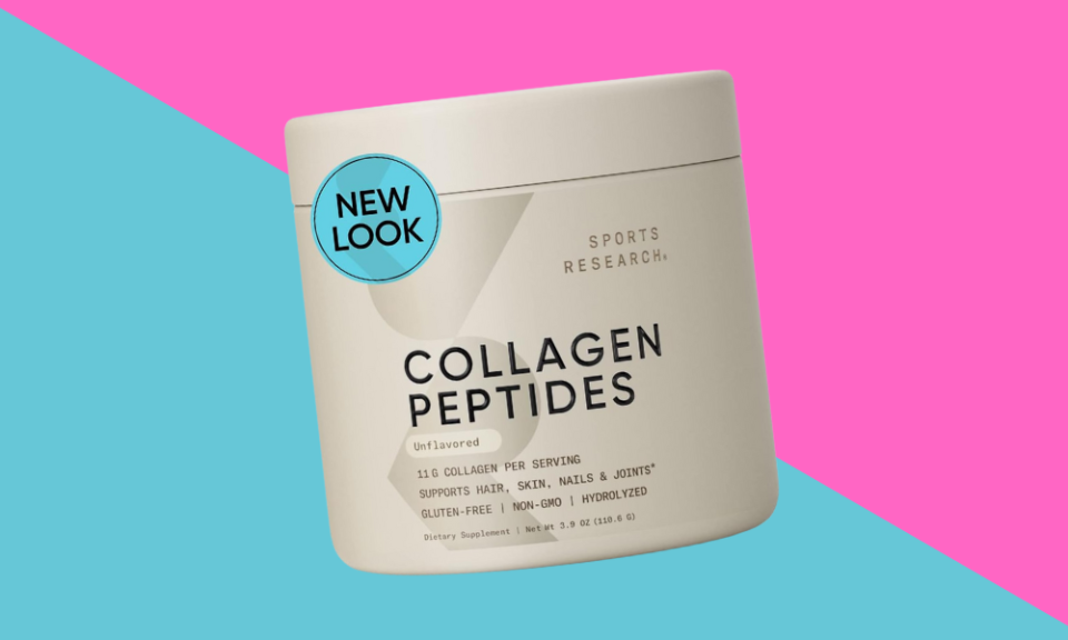 jar of Sports Research Collagen Peptides on a colorful background