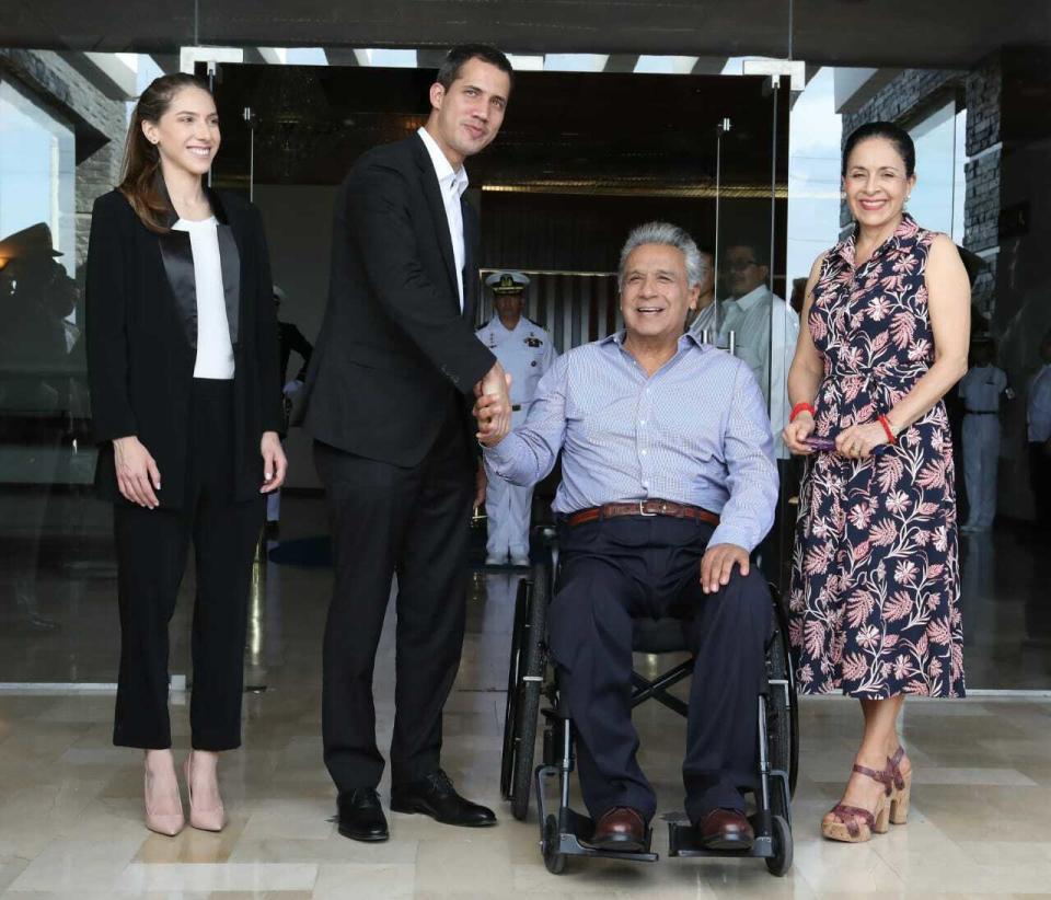 In this photo provided by Ecuador's Presidential Office, Ecuador's President Lenin Moreno, center right, and his wife Rocio Gonzalez, right, welcome Venezuela's self-declared interim president Juan Guaido, center left, and his wife Fabiana Rosales during a meeting in Salinas, Ecuador. Saturday, Feb. 2, 2019. Guaido is in tour of several South American capitals as part of a campaign to build international pressure on his rival Nicolas Maduro to quit. (AP Photo/Ecuador's Presidency)