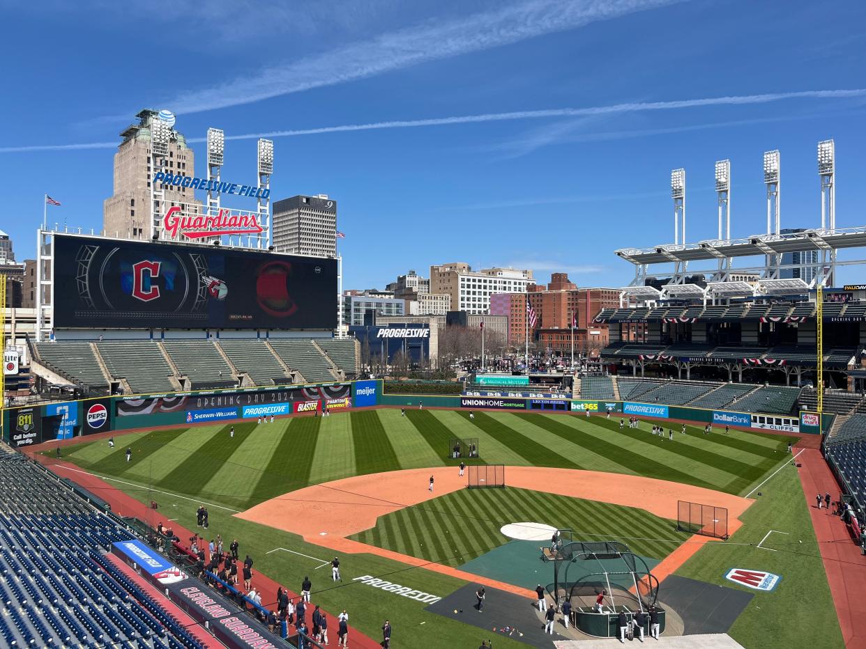 Progressive Field in Cleveland pictured just about an hour before the eclipse starts on April 8, 2024. The Guardians will host the Chicago White Sox at 5:10 p.m.