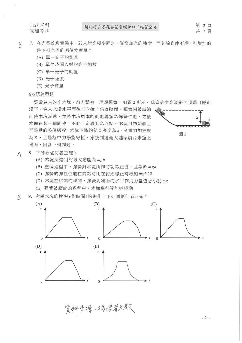 大學分科測驗物理科試題參考解答。（圖／得勝者文教提供）