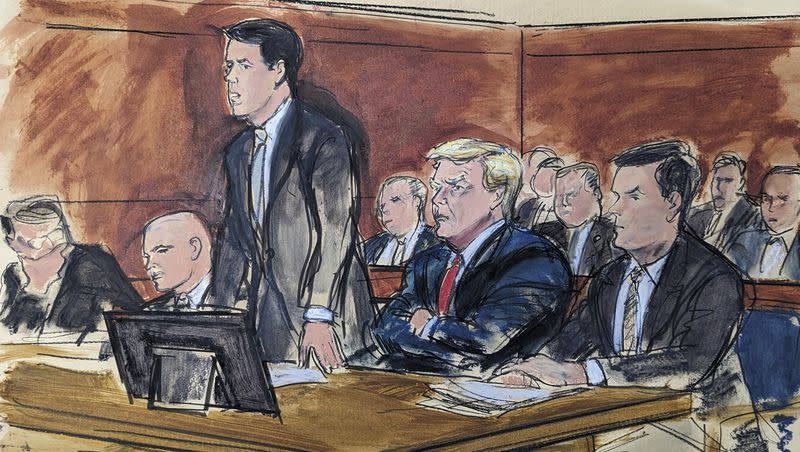 In this courtroom sketch, attorney Todd Blanche stands as he enters a plea of not guilty on behalf of former President Donald Trump, second from right, in federal court, Tuesday, June 13, 2023, in Miami. From left are: Stanley Woodward, Walt Nauta, Blanche, Trump and Chris Kise.