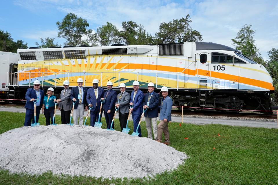 City, county and state officials along with SunRail representatives ceremonially break ground on the SunRail expansion station in DeLand, Monday, May 22, 2023.