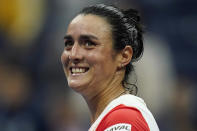 Ons Jabeur, of Tunisia, reacts after defeating Ajla Tomljanovic, of Austrailia, during the quarterfinals of the U.S. Open tennis championships, Tuesday, Sept. 6, 2022, in New York. (AP Photo/Julia Nikhinson)